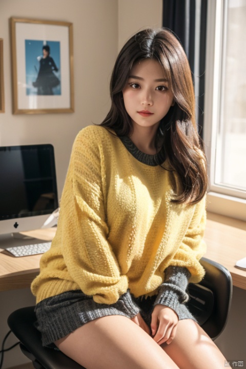 The girl,slightly chubby with wheatish skin,is sitting in front of a desk in her bedroom. She is wearing a striped sweater that is black and yellow in color. The sweater is made of a very soft material and has long fur on it. The sweater has a very delicate texture,with focused lighting,medium depth of field,and a dark background with high contrast and saturation.,,Translation,with a slightly plump figure and wheatish complexion,is seated in front of a desk in her bedroom. She is wearing a striped sweater that alternates between black and yellow colors. The sweater is made of an incredibly soft material and features long fur. The sweater has a very refined texture,with the lighting focused on her,medium depth of field,and a dark background that enhances the contrast and saturation.