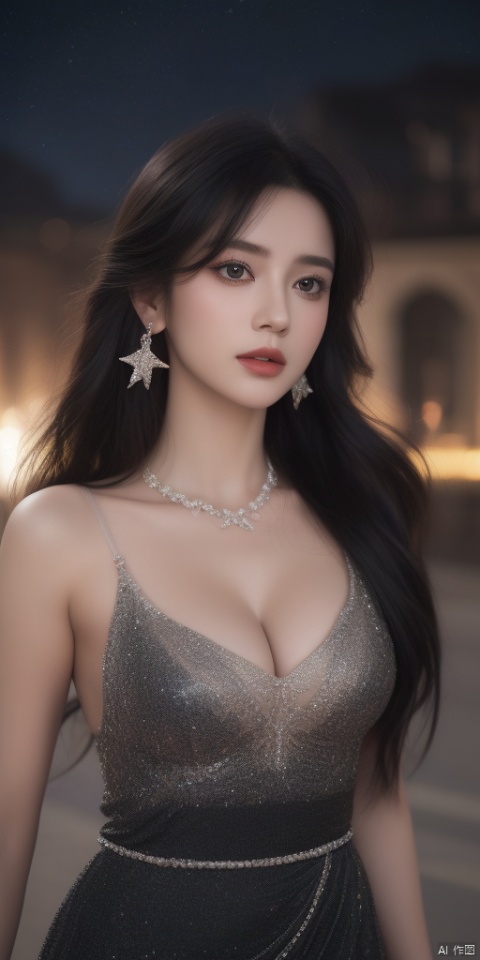  1girl,Mosaic dress,dance, Fairy, crystal, jewels,black, Crystal clear,solo, long hair, looking at viewer,black hair,jewelry, earrings,lips, makeup, portrait, eyeshadow, realistic, nose,{{best quality}}, {{masterpiece}}, {{ultra-detailed}}, {illustration}, {detailed light}, {an extremely delicate and beautiful}, a girl, {beautiful detailed eyes}, stars in the eyes, messy floating hair, colored inner hair, Starry sky adorns hair, depth of field, large breasts,cleavage,zj,
blurry, no humans, traditional media, gem, crystal, still life, Dance,pencil_skirt,movements