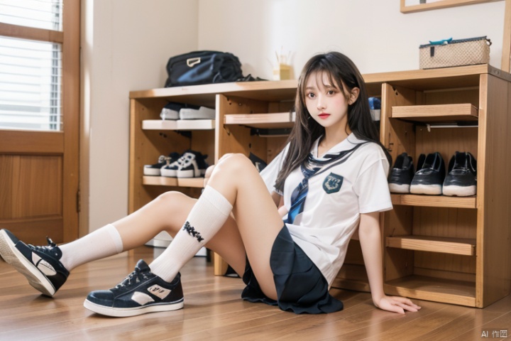  13-year-old girl, JK school uniform, shoulder-length long hair.
Wide-angle lens, short sleeves, mid-calf socks, sneakers, at home, shoe rack.