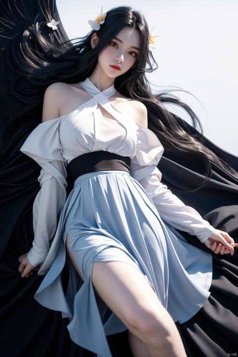  (very_long_hair,:1.3),,Angels,halos,wings,discolored wings ,1girl,solo,long hair,weibo username,blue hair,weibo logo,skirt,black background,shirt,looking at viewer,blue skirt,long sleeves,holding,flower,white shirt,orange eyes,simple background,very long hair,on back,hair ornament,hair flower,lying,dress,bare shoulders,white flower,pantyhose,closed mouth,,