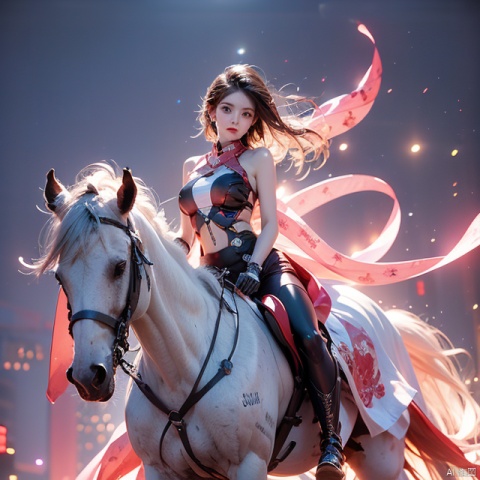 1 girl,a female warrior,ride a mechanical horse,mid shot,high quality,game CG,wallpaper,short hair,best quality,depth of field,looking at the audience,dynamic pose,white background,Gradient　background,mechanical parts,mechanical arm,cyberpunk,mechanical body,mechanicallegs,sssr,