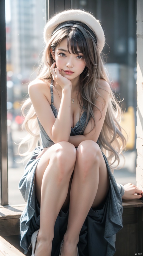  tutututu,high heels,-1girl, blue eyes, solo, long hair, blue nails, looking at viewer, white hair, flower, jewelry, floating hair, nail polish, ring, hat, hair ornament, bare shoulders, breasts, white nails, bangs, hair between eyes, hands on own face,White hell, , yunv