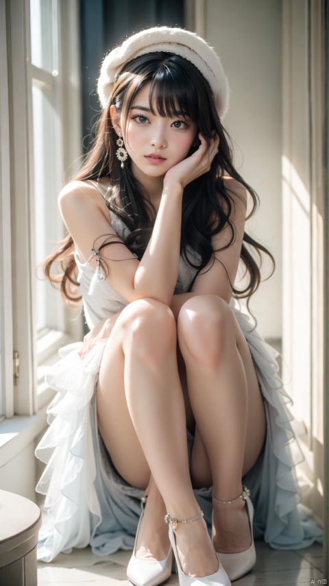  tutututu,high heels,-1girl, blue eyes, solo, long hair, blue nails, looking at viewer, white hair, flower, jewelry, floating hair, nail polish, ring, hat, hair ornament, bare shoulders, breasts, white nails, bangs, hair between eyes, hands on own face,White hell, , yunv