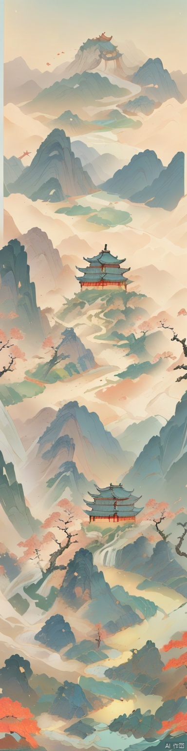   Mengxi's painting "Qianli Jiangshan" depicts a landscape in the style of the Song Dynasty, using meticulous brushwork combined with a touch of freehand brushwork. Among the layered mountains and peaks, pine trees grow, and there is a light green lake with a mirror-like surface. A stone bridge with a pavilion connects two mountains. In the distance, there are continuous far-off mountains and a pale blue sky ((without any clouds)), The setting sun hangs in the sky, creating a captivating scene,claborate-style painting,pixel world,a photo of shanshuibyjinliang,zydink,风景, zydink, modelshootstyle,国风,山水, ycbh, 3DCalligraphy, Hanama wine
