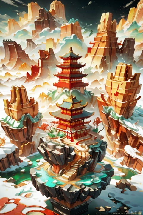  Miniature landscape, Chinese three-dimensional landscape painting, Zen aesthetics, Zen composition, Chinese architectural complex, red copper mine, ore crystallization, red mountains, flowing particles, macro lens, rich light, luminous mountains, mountains, clouds, minimalism, extreme details, incomparable details, film special effects, lifelike, 3D rendering, finedetails,动漫