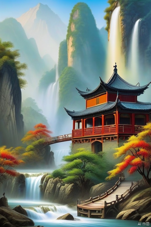 Chinese paiting,mountain,tree,,riverboat,,waterfall