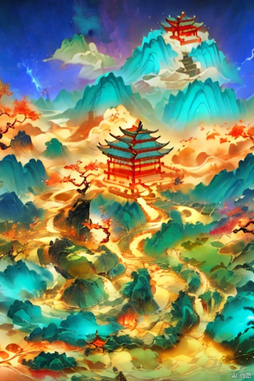  Micro landscape, Chinese three-dimensional landscape painting, Zen aesthetics, Zen composition, Chinese architectural complex, blue copper mine, peacock green, flowing particles, macro lens, rich light, glowing mountains, high mountains, clouds, minimalism, ultimate details, unparalleled details, electric effects, realism, 3D rendering, fine details, ycbh, painter,风景