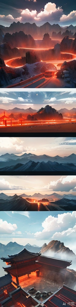  Miniature landscape, Chinese three-dimensional landscape painting, Zen aesthetics, Zen composition, Chinese architectural complex, red copper mine, ore crystallization, red mountains, flowing particles, macro lens, rich light, luminous mountains, mountains, clouds, minimalism, extreme details, incomparable details, film special effects, lifelike, 3D rendering, fine details, chinese paiting