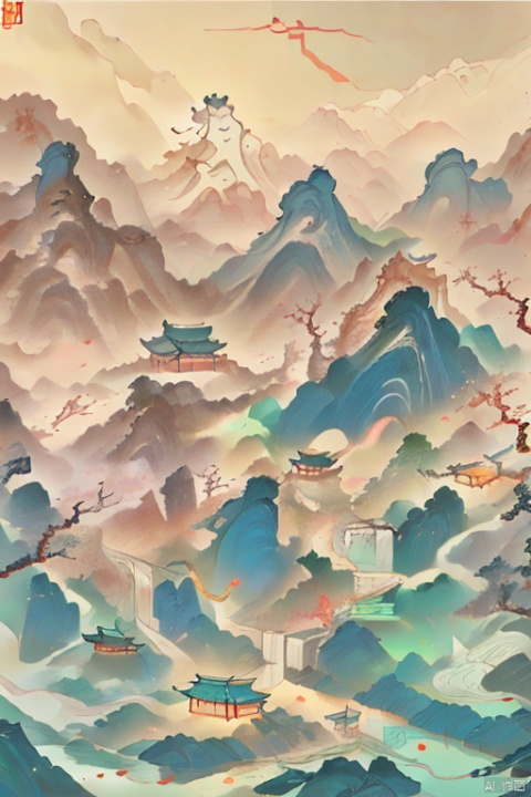 Miniature landscape, Chinese three-dimensional landscape painting, Zen aesthetics, Zen composition, Chinese architectural complex, red Chinese painting, mountains, caves, and trees in northwest China,copper mine, ore crystallization, red mountains, flowing particles, macro lens, rich light, luminous mountains, mountains, clouds, minimalism, extreme details, incomparable details, film special effects, lifelike, 3D rendering, fine details, chinese paiting,国风
