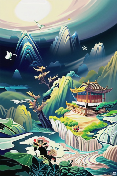, chinese meticulous ink,illustration,landscape