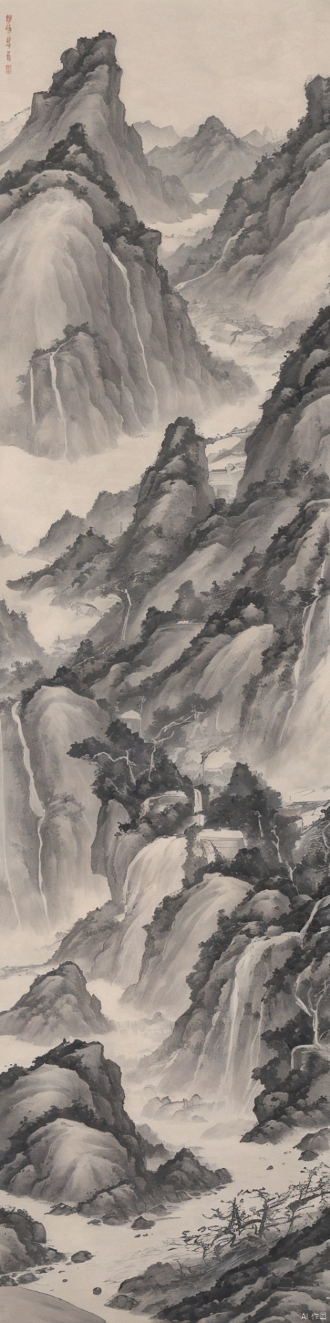  Traditional Chinese landscape painting, Chinese freehand brushwork, Qing Dynasty landscape painter Gong Xianstyle,mountains,trees,waterfalls,waterflow,inkaccumulationmethod,heavy,vast国画,chinesepaiting,Chinesepaiting,国风, chinese paiting