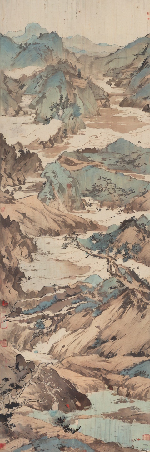  Shen Mengxi's painting "Qianli Jiangshan" depicts a landscape in the style of the Song Dynasty, using meticulous brushwork combined with a touch of freehand brushwork. Among the layered mountains and peaks, pine trees grow, and there is a light green lake with a mirror-like surface. A stone bridge with a pavilion connects two mountains. In the distance, there are continuous far-off mountains and a pale blue sky ((without any clouds)), The setting sun hangs in the sky, creating a captivating scene,claborate-style painting,pixel world,a photo of shanshui by jinliang,zydink