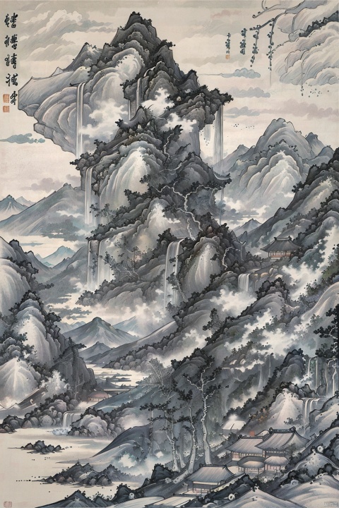 Traditional Chinese landscape painting, Chinese freehand brushwork, Qing Dynasty landscape painter Gong Xian style, mountains, trees, waterfalls, water flow, ink accumulation method, heavy, vast国画