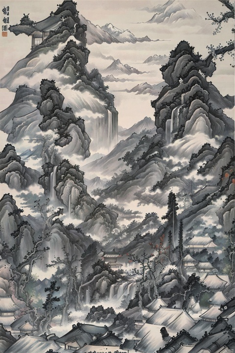 Traditional Chinese landscape painting, Chinese freehand brushwork, Qing Dynasty landscape painter Gong Xian style, mountains, trees, waterfalls, water flow, ink accumulation method, heavy, vast国画