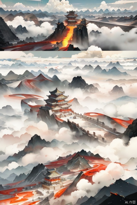  Miniature landscape, Chinese three-dimensional landscape painting, Zen aesthetics, Zen composition, Chinese architectural complex, red copper mine, ore crystallization, red mountains, flowing particles, macro lens, rich light, luminous mountains, mountains, clouds, minimalism, extreme details, incomparable details, film special effects, lifelike, 3D rendering, fine details