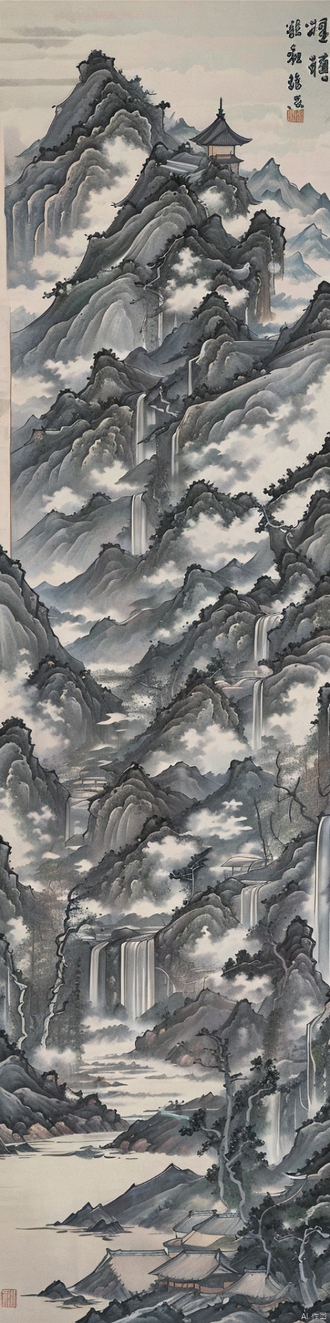  Traditional Chinese landscape painting, Chinese freehand brushwork, Qing Dynasty landscape painter Gong Xian style, mountains, trees, waterfalls, water flow, ink accumulation method, heavy,vast国画