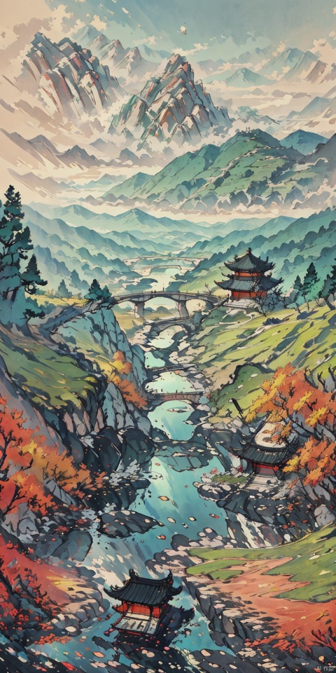  Shen Mengxi's painting "Qianli Jiangshan" depicts a landscape in the style of the Song Dynasty, using meticulous brushwork combined with a touch of freehand brushwork. Among the layered mountains and peaks, pine trees grow, and there is a light green lake with a mirror-like surface. A stone bridge with a pavilion connects two mountains. In the distance, there are continuous far-off mountains and a pale blue sky ((without any clouds)), The setting sun hangs in the sky, creating a captivating scene,claborate-style painting,pixel world,a photo of shanshui by jinliang,zydink,风景, zydink