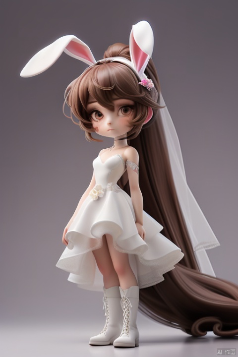  1girl, solo, long hair, looking at viewer, brown hair, hair ornament, dress, animal ears, brown eyes, very long hair, closed mouth, standing, full body, flower, boots, chibi, white dress, rabbit ears, see-through, short dress, white footwear,ponytail,Wedding Dress,2.5 head and body