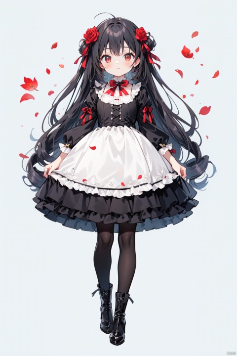  1girl, black_hair, black_legwear, boots, dress, drill_hair, falling_petals, flower, full_body, gothic_lolita, grey_background, high_heels, lolita_fashion, long_hair, pantyhose, petals, red_eyes, red_flower, red_rose, rose, rose_petals, solo, spider_lily, standing, very_long_hair