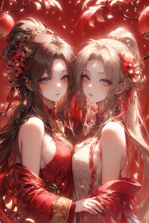  (2_girls:1.9), twins, Ultra-high quality,8k,(The expression is indifferent:1.2), (sexy:1.2), white hair, blue eyes, hair flowers, tqj-hd, huliya, yue , hair ornament , hanfu, yifu, hydress-hair ornaments