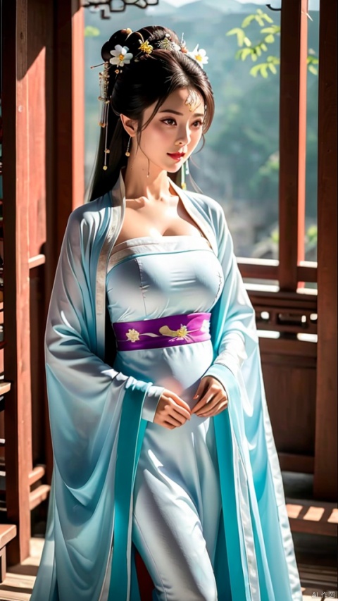  8k,RAW photo,best quality,masterpiece,realistic,photo-realistic,Best quality,masterpiece,realistic,4k,A girl,36 years old,silvery Chinese style dress,Hanfu,Little Smile,standing,cameltoe,pregnant,Girl,E_cup,black hair,long legs,eyecontact,hairtucking,cleavage,lookingup,onsen,takeoffclothes，敞开外衣，