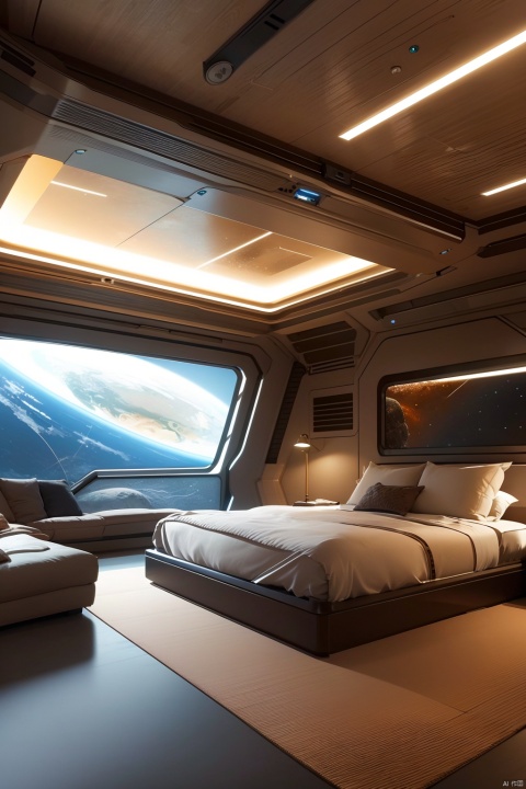 The bedroom,planet, space, no humans, earth \(planet\), science fiction, realistic, spacecraft, indoors