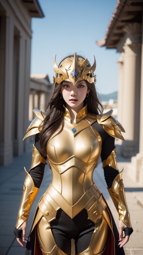 High quality,masterpiece,wallpaper,cinematic graphics,1girl,armor,Gold armor,blue eyes,cowboy shot,standing,1girl,21yo girl,不戴头盔，
