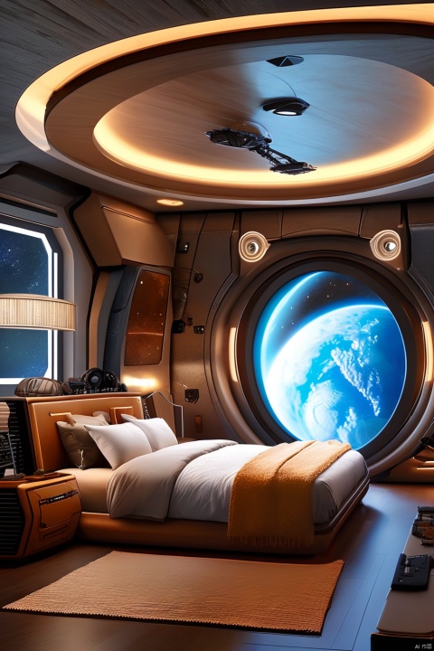  The bedroom,planet, space, no humans, earth \(planet\), science fiction, realistic, spacecraft, indoors