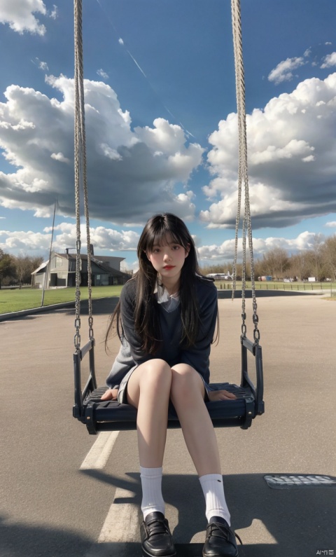 1girl,solo,sitting,sky,clouds,outdoors,black hair,bird,blue sky,white socks,daytime,long sleeves,long hair,playing on the swing,bangs,cloudy sky,wide_shot,hand between legs,looking_at_viewer