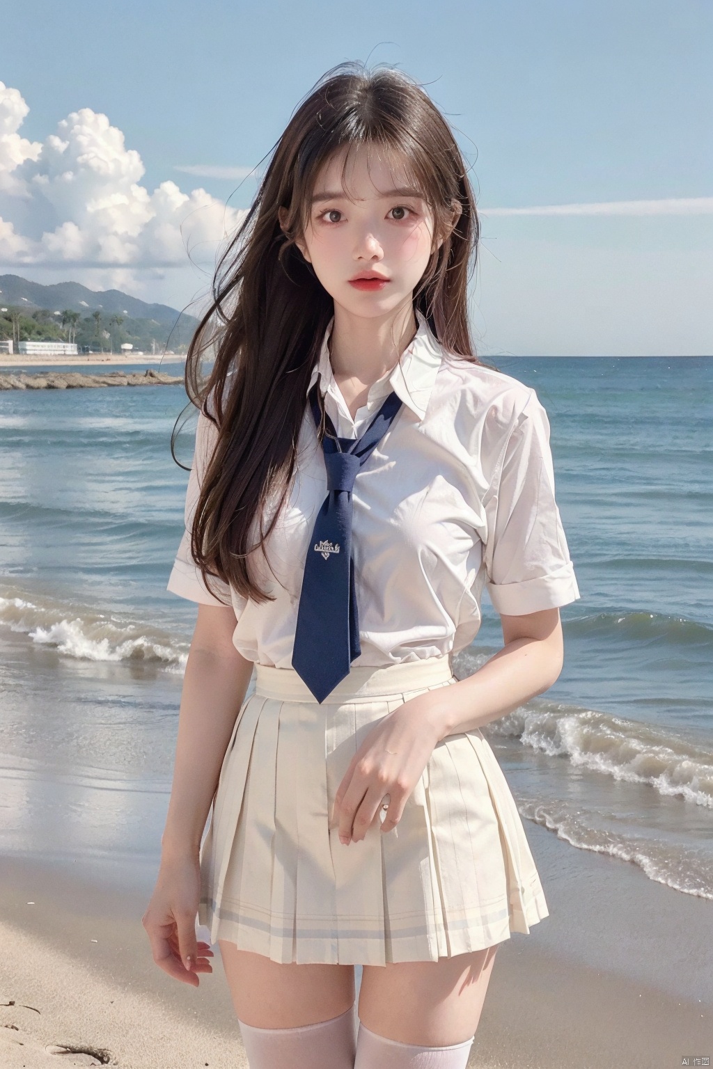  (Best Quality), (Masterpiece), (High), Illustrated, Original, Very Detailed,
 A girl, half-length, bare thighs, school uniform, school_uniform,seaside, 1girl,plaid skirt,serafuku,white tights,beach,ocean,loafers,