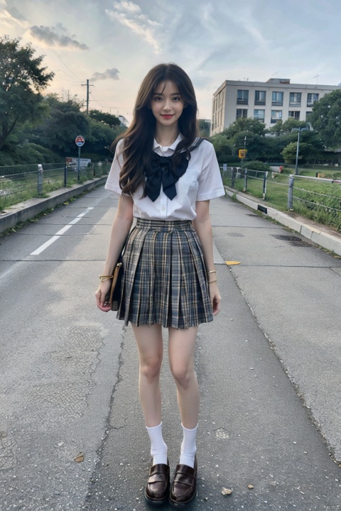  masterpiece,bestquality,realistic,8k,officialart,ultrahighres,big breast,standing,
teenager,kawaii,skinny,beautifly face,seductive smile,short sleeves,jk_style,jk_skirt,jk shirt,(striped),jk_bow,outdoors,slim legs,brown shoes,perfect waist to hip ratio,fashionable accessories,black hair,school uniform,looking at viewer,brown eyes,hair ornament,smile,plaid skirt,long hair,watch,realistic,lips,bracelet,shirt,brown hair,real world location,solo focus,full body,((poakl)),loafers,white socks,