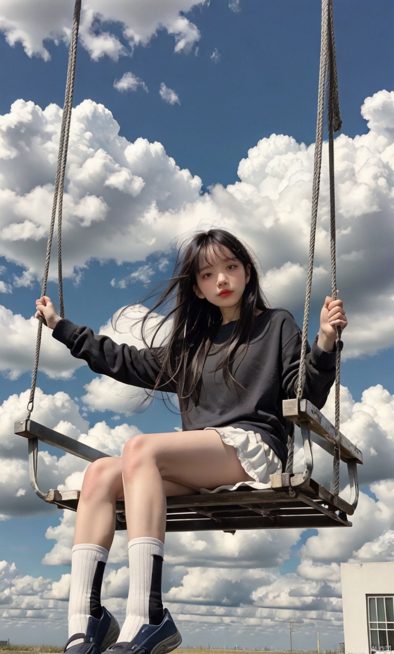 1girl,solo,sitting,sky,clouds,outdoors,black hair,bird,blue sky,white socks,daytime,building,long sleeves,long hair,playing on the swing,bangs,cloudy sky,wide_shot,hand between legs,