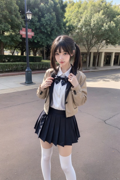  masterpiece,bestquality,realistic,8k,officialart,ultrahighres
,kawaii,cute,school uniforms,1girl,short hair,cowboy shot, white Thigh-high socks,jk,white socks,loafers ,black_footwear,serafuku,outdoors,disneyland,standing,upper body,cowboy shot,brown jacket,plaid skirt,pleated skirt,black loafers,slim legs,perfect body,shapely body,slender,half body