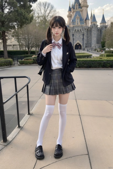  masterpiece,bestquality,realistic,8k,officialart,ultrahighres
,kawaii,cute,school uniforms,1girl,short hair,cowboy shot, white Thigh-high socks,jk,white socks,loafers ,black_footwear,serafuku,outdoors,disneyland,standing,upper body,cowboy shot,brown jacket,plaid skirt,pleated skirt,black loafers,slim legs,perfect body,shapely body,slender,half body