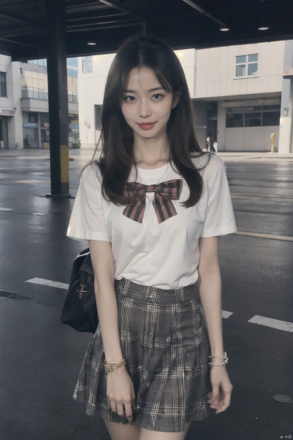 masterpiece,bestquality,realistic,8k,officialart,ultrahighres,2girls,teenager,kawaii,skinny,beautifly face,seductive smile,short sleeves,jk_style,jk_skirt,jk_shirt,(striped),jk_bow,outdoors,,slim legs,white pantyhose,brown shoes,perfect waist to hip ratio,fashionable accessories,,,multiple girls,skirt,black hair,school uniform,looking at viewer,brown eyes,cosplay,hair ornament,smile,plaid skirt,long hair,watch,realistic,lips,bracelet,shirt,backpack,brown hair,real world location,solo focus,