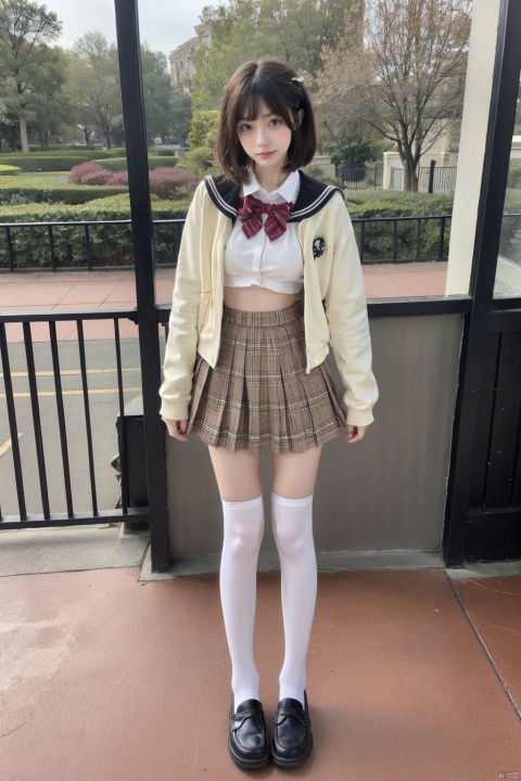  masterpiece,bestquality,realistic,8k,officialart,ultrahighres
,kawaii,cute,school uniforms,1girl,short hair,cowboy shot, white Thigh-high socks,jk,white socks,loafers ,black_footwear,serafuku,outdoors,disneyland,standing,upper body,cowboy shot,brown jacket,plaid skirt,pleated skirt,black loafers,slim legs,perfect body,shapely body,slender,half body,
 shirt_lift,nsfw,nipples,