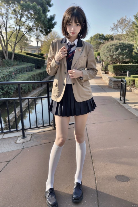 masterpiece,bestquality,realistic,8k,officialart,ultrahighres
,kawaii,cute,school uniforms,1girl,short hair,cowboy shot, white Thigh-high socks,jk,white socks,loafers ,pleated skirt,black_footwear,serafuku,outdoors,disneyland,standing,upper body,cowboy shot,brown jacket,plaid skirt,black loafers,slim legs,perfect body,shapely body,slender,half body