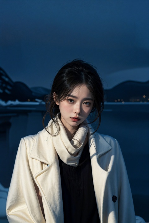  
seductive, 
(not looking at the camera),scarf,portrait of 1girl by Bill Henson,Black Cashmere coat,masterpiece,best quality,highres,2girls,flora,snowing,bokeh,low contrast,sharp and in focus,(art by Chris Friel:1.2),half body,(night),sad,melancholy,drillhair,wind,cinematic_angle,(cinematic tone:1.2),mountaintop,cowboy shot,floating hair,rule of thirds,ice lakel,