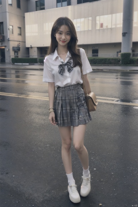  masterpiece,bestquality,realistic,8k,officialart,ultrahighres,teenager,kawaii,skinny,beautifly face,seductive smile,short sleeves,jk_style,jk_skirt,jk_shirt,(striped),jk_bow,outdoors,,slim legs,white pantyhose,brown shoes,perfect waist to hip ratio,fashionable accessories,skirt,black hair,school uniform,looking at viewer,brown eyes,cosplay,hair ornament,smile,plaid skirt,long hair,watch,realistic,lips,bracelet,shirt,backpack,brown hair,real world location,solo focus,full body,((poakl)),loafers,