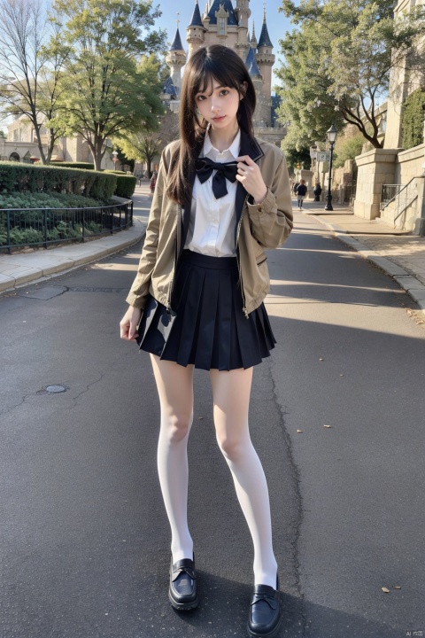 masterpiece,bestquality,realistic,8k,officialart,ultrahighres
,kawaii,cute,school uniforms,1girl,short hair,cowboy shot, white Thigh-high socks,jk,white socks,loafers ,pleated skirt,black_footwear,serafuku,outdoors,disneyland,standing,upper body,cowboy shot,brown jacket,plaid skirt,black loafers,slim legs,perfect body,shapely body,slender,half body