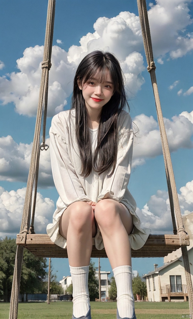 1girl,solo,sitting,sky,clouds,outdoors,black hair,bird,blue sky,white socks,daytime,long sleeves,long hair,playing on the swing,bangs,cloudy sky,wide_shot,hand between legs,looking_at_viewer,depth of field,smile