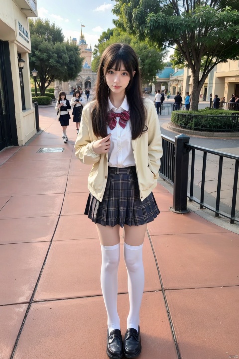  masterpiece,bestquality,realistic,8k,officialart,ultrahighres
,kawaii,cute,school uniforms,1girl,short hair,cowboy shot, white Thigh-high socks,jk,white socks,loafers ,black_footwear,serafuku,outdoors,disneyland,standing,upper body,cowboy shot,brown jacket,plaid skirt,pleated skirt,black loafers,slim legs,perfect body,shapely body,slender,half body