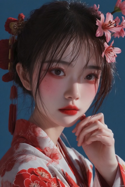 masterpiece, high quality, 1girl, amazing cinematic, sparklehsr, evil, menacing, glowing eyes, yandere, hand holding face, red gold-trimmed kimono, o-ring halterneck, hair ornaments, mole under both eyes, red string, flower tattoo, neck bell, red fox mask on head, butterfly-shaped pupils, brown gradient hair, ominous red lighting, scary, grinning, spider lily flowers, ,
, ((poakl)), liuyifei