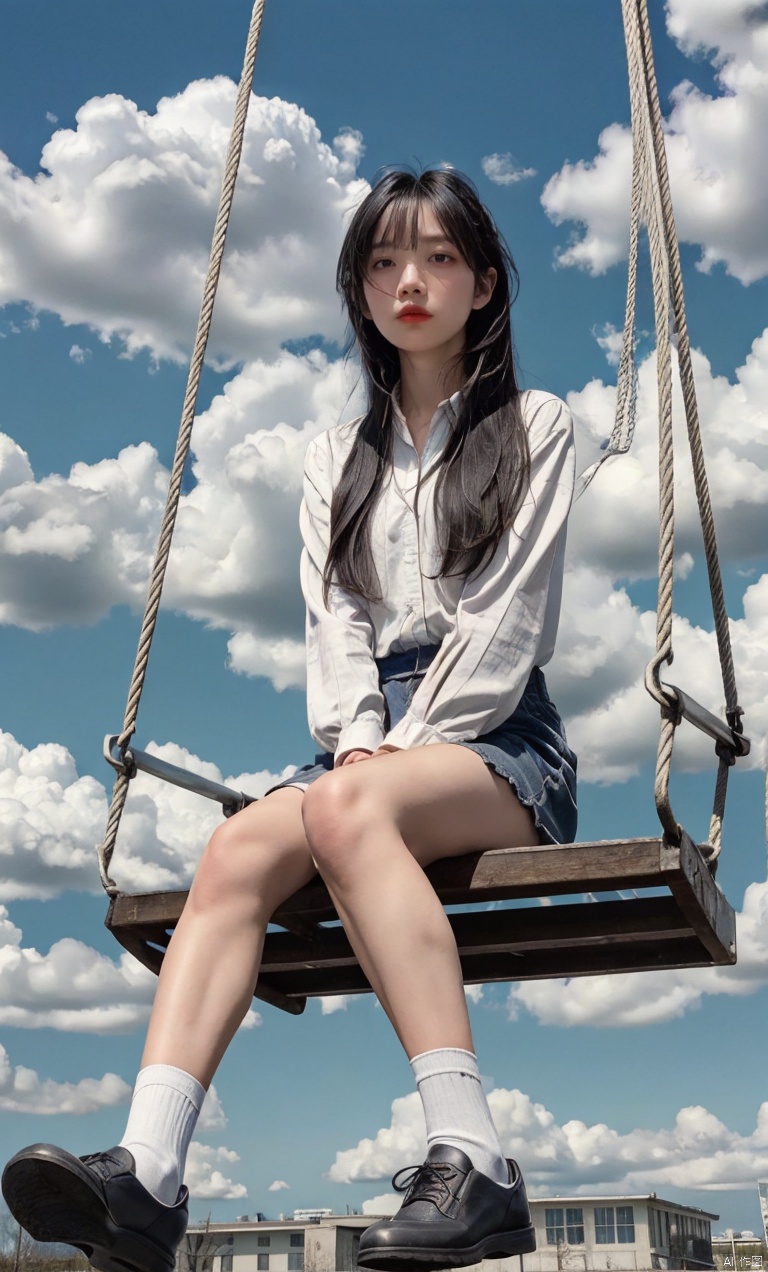 1girl,solo,sitting,sky,clouds,outdoors,black hair,bird,blue sky,white socks,daytime,building,long sleeves,long hair,playing on the swing,bangs,cloudy sky,wide_shot,hand between legs,