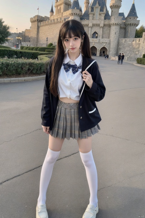  masterpiece,bestquality,realistic,8k,officialart,ultrahighres
,kawaii,cute,school uniforms,1girl,short hair,cowboy shot, white Thigh-high socks,jk,white socks,loafers ,black_footwear,serafuku,outdoors,disneyland,standing,upper body,cowboy shot,brown jacket,plaid skirt,pleated skirt,black loafers,slim legs,perfect body,shapely body,slender,half body,
 shirt_lift,nsfw,nipples,