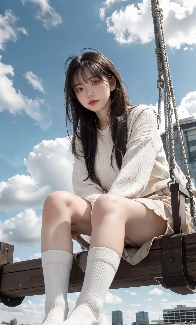1girl,solo,sitting,sky,clouds,outdoors,black hair,bird,blue sky,white socks,daytime,building,long sleeves,long hair,playing on the swing,bangs,cloudy sky,wide_shot,hand between legs,looking_at_viewer