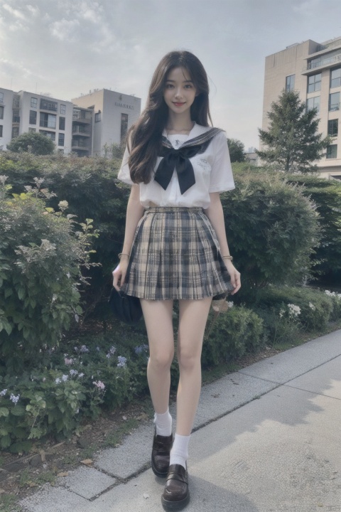  masterpiece,bestquality,realistic,8k,officialart,ultrahighres,big breast,standing,
teenager,kawaii,skinny,beautifly face,seductive smile,short sleeves,jk_style,jk_skirt,jk shirt,(striped),jk_bow,outdoors,slim legs,brown shoes,perfect waist to hip ratio,fashionable accessories,black hair,school uniform,looking at viewer,brown eyes,hair ornament,smile,plaid skirt,long hair,watch,realistic,lips,bracelet,shirt,brown hair,real world location,solo focus,full body,((poakl)),loafers,white socks,