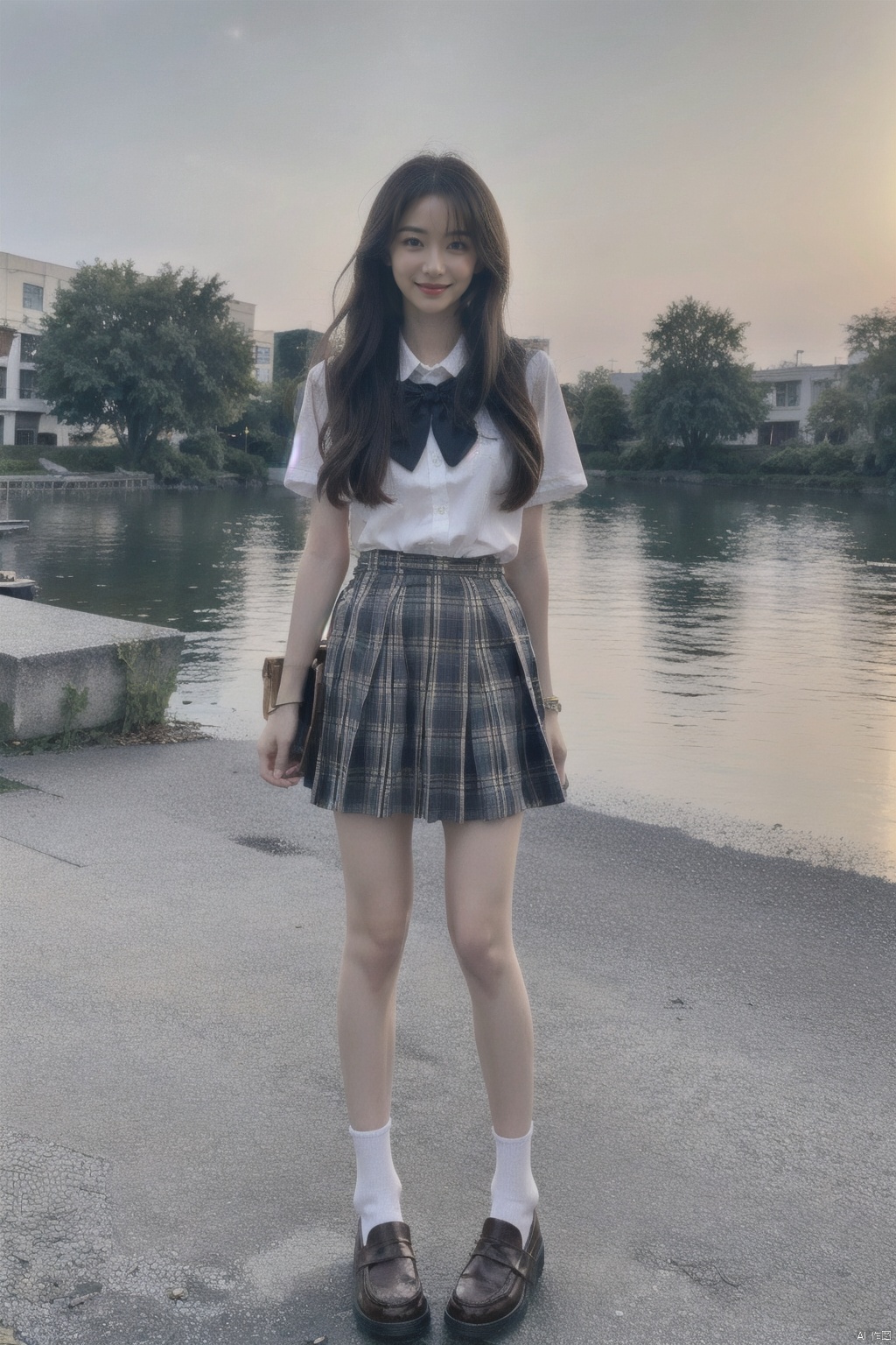  masterpiece,bestquality,realistic,8k,officialart,ultrahighres,big breast,standing,
teenager,kawaii,skinny,beautifly face,seductive smile,short sleeves,jk_style,jk_skirt,jk shirt,(striped),jk_bow,outdoors,slim legs,brown shoes,perfect waist to hip ratio,fashionable accessories,black hair,school uniform,looking at viewer,brown eyes,hair ornament,smile,plaid skirt,long hair,watch,realistic,lips,bracelet,shirt,brown hair,real world location,solo focus,full body,((poakl)),loafers,white socks,