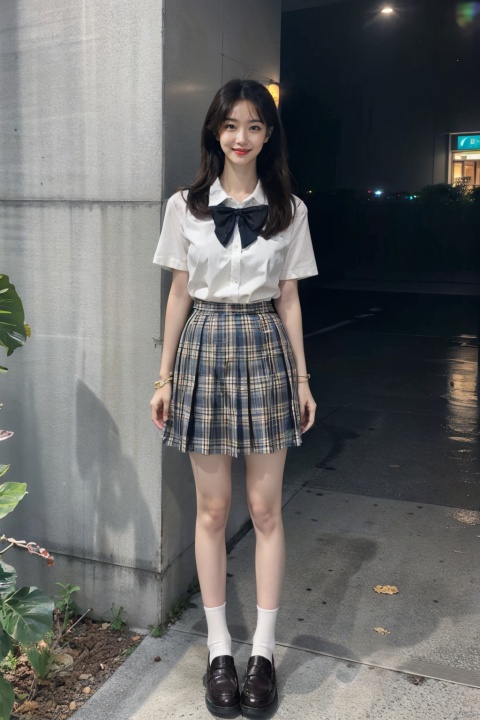  masterpiece,bestquality,realistic,8k,officialart,ultrahighres,big breast,standing,
teenager,kawaii,skinny,beautifly face,seductive smile,short sleeves,jk_style,jk_skirt,jk shirt,(striped),jk_bow,outdoors,slim legs,brown shoes,perfect waist to hip ratio,fashionable accessories,black hair,school uniform,looking at viewer,brown eyes,hair ornament,smile,plaid skirt,long hair,watch,realistic,lips,bracelet,shirt,brown hair,real world location,solo focus,full body,((poakl)),loafers,white socks,