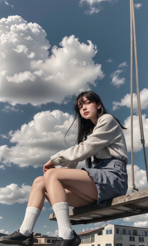 1girl,solo,sitting,sky,clouds,outdoors,black hair,bird,blue sky,white socks,daytime,building,long sleeves,long hair,playing on the swing,bangs,cloudy sky,wide_shot,hand between legs,